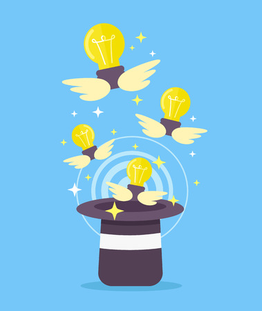 Light bulb fly from magic hat. Vector flat cartoon illustrationのイラスト素材