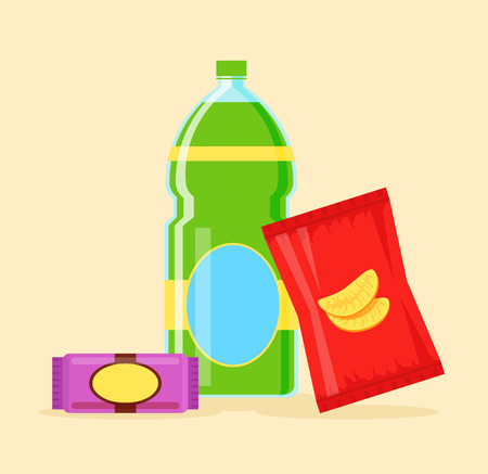 Potato chips soda and chocolate. Vector flat cartoon icon illustrationのイラスト素材