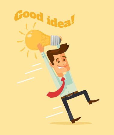 Man character hold lightbulb. Vector flat cartoon illustrationのイラスト素材