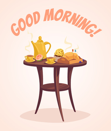 Breakfast. Good morning. Vector flat cartoon illustrationのイラスト素材