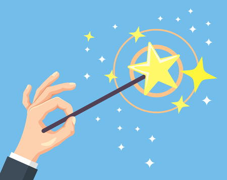 Hand hold magic wand. Vector flat cartoon illustrationのイラスト素材