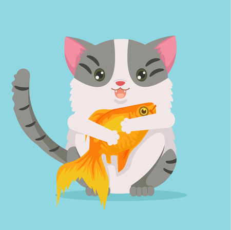 Fat cat character hold gold fish. Vector flat cartoon illustrationのイラスト素材