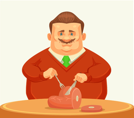Happy fat man character eating big dish. Vector flat cartoon illustrationのイラスト素材