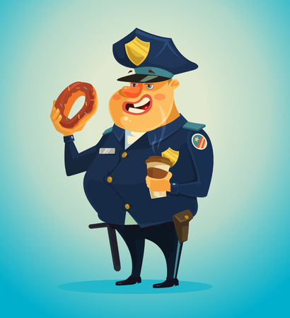 Police officer character eating donuts and coffee. Vector flat cartoon illustrationのイラスト素材