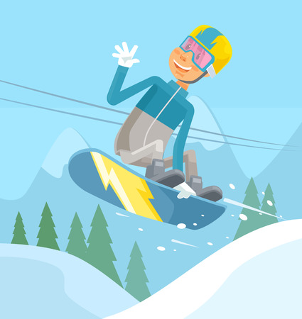 Snowboarder character jumping. Vector flat cartoon illustrationのイラスト素材