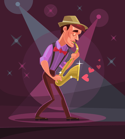 Jazz man character plays solo in club. Vector flat cartoon illustrationのイラスト素材