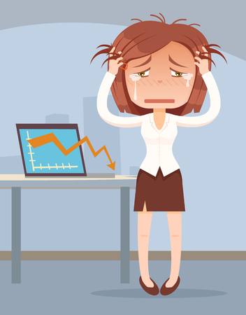 Business fail. Graph down. Crying business woman character. Vector flat cartoon illustrationのイラスト素材