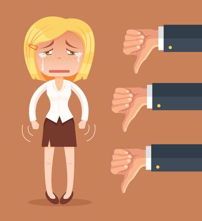 Sad business woman character and many hands with thumbs down. Vector flat cartoon illustrationのイラスト素材