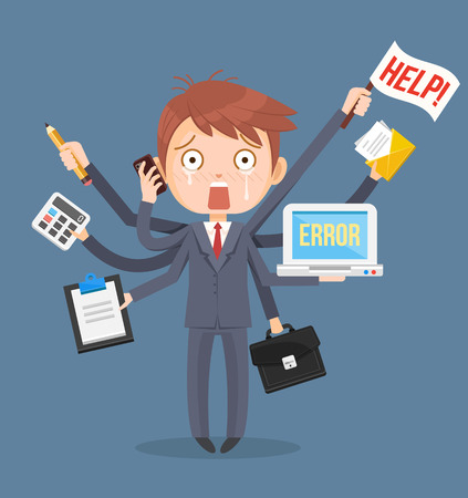 Busy businessmen character. Multitasking hard work. Vector flat cartoon illustrationのイラスト素材