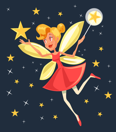 Flying fairy with magic wand character. Vector flat cartoon illustrationのイラスト素材