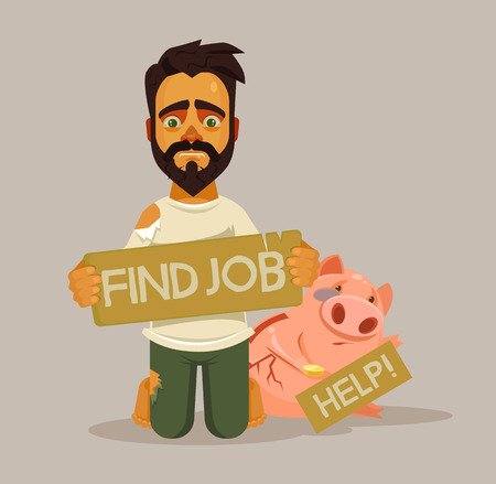 Unemployed homeless man character. Need job. Vector flat cartoon illustrationのイラスト素材
