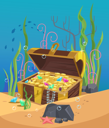 Chest of gold on the ocean bottom. flat cartoon illustrationのイラスト素材