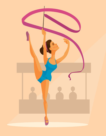 Woman gymnast character with ribbon. flat cartoon illustrationのイラスト素材
