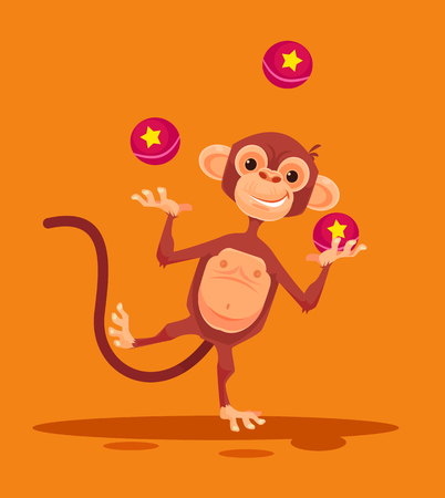 Monkey character juggling balls. Vector flat cartoon illustrationのイラスト素材