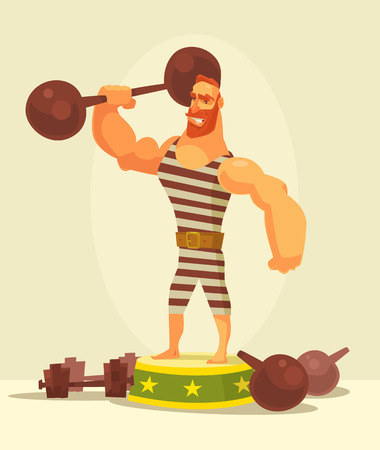 Athlete strong man character holding dumbbell. flat cartoon illustrationのイラスト素材