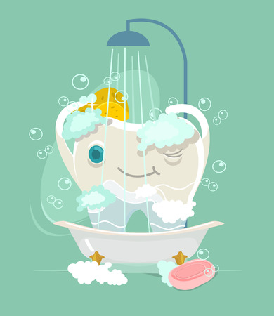 Happy tooth character take shower. flat cartoon illustrationのイラスト素材