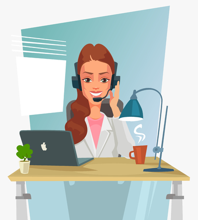 Call center service. Woman character operator. Vector flat cartoon illustrationのイラスト素材