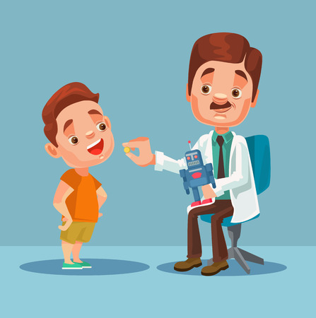 Doctor character giving medicine to little boy patient. Vector flat cartoon illustrationのイラスト素材