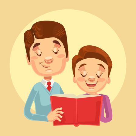 Father and son characters reading. Vector flat cartoon illustrationのイラスト素材