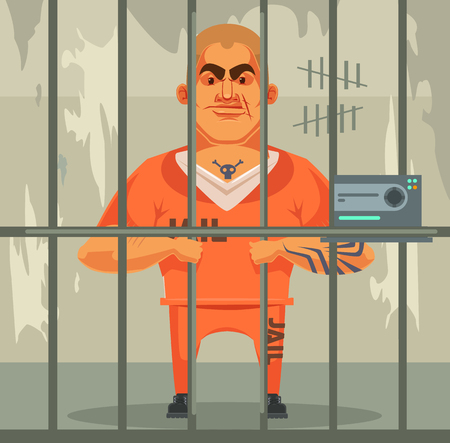 Prisoner man character in jail. Vector flat cartoon illustrationのイラスト素材