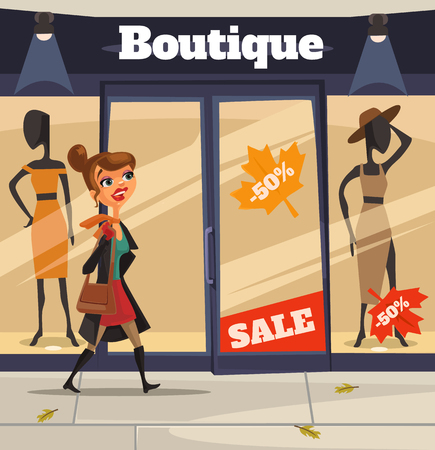 Woman character looking at shop window. Vector flat cartoon illustrationのイラスト素材