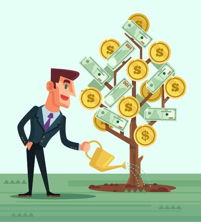 Happy businessman character watering money. Vector flat cartoon illustrationのイラスト素材