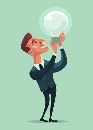 Businessman character hold lamp. Good idea. Vector flat cartoon illustrationのイラスト素材