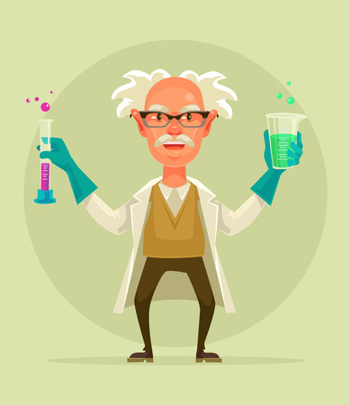 Old crazy scientist character hold test tube. Vector flat cartoon illustrationのイラスト素材