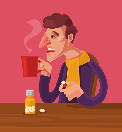 Sick man character take medicine. Vector flat cartoon illustrationのイラスト素材