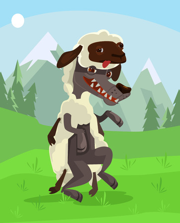 Wolf character in sheep clothing. Vector flat cartoon illustrationのイラスト素材