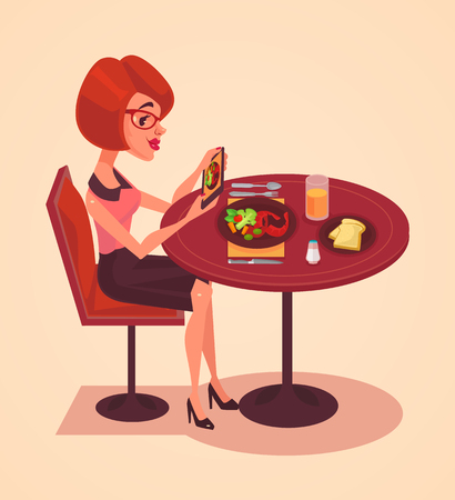 Woman character take photo of food. Vector flat cartoon illustrationのイラスト素材