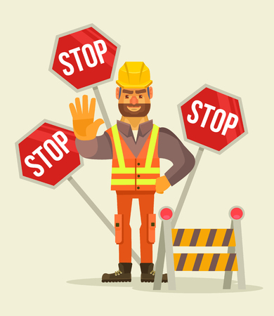 Happy smiling road worker man character show stop sign. Vector flat cartoon illustrationのイラスト素材