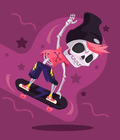 Skater skeleton character riding skateboard. Vector flat cartoon illustrationのイラスト素材