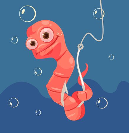Cute worm character on hook. Vector flat cartoon illustrationのイラスト素材