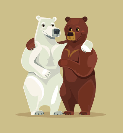 White and brown bears characters hug. Vector flat cartoon illustrationのイラスト素材