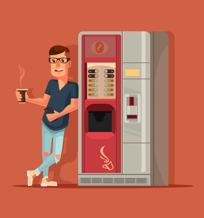Man character drinking coffee next to coffee machine. Vector flat cartoon illustrationのイラスト素材