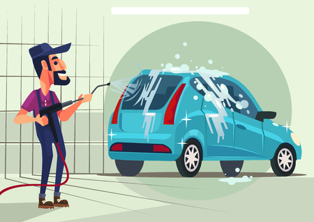 Worker character washing car. Vector flat cartoon illustrationのイラスト素材