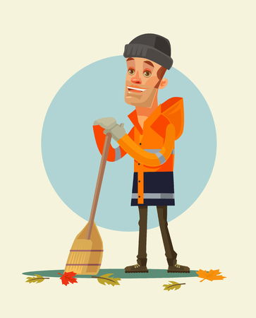 Happy smiling yardman character sweeping leaves. Vector flat cartoon illustrationのイラスト素材