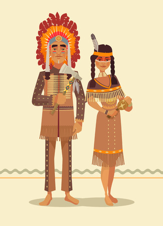 Native american indian couple. Man and woman characters. Vector flat cartoon illustrationのイラスト素材