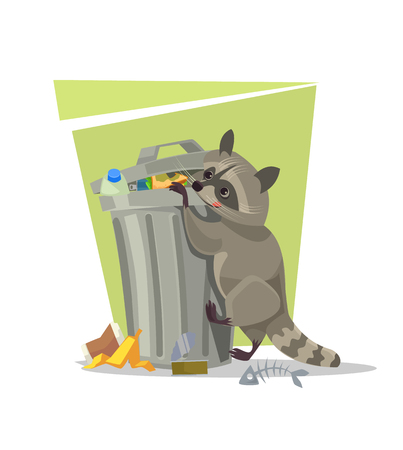 Raccoon character looking for food in trash can. Vector flat cartoon illustrationのイラスト素材