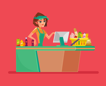 Supermarket smiling cashier woman character. Vector flat cartoon illustrationのイラスト素材