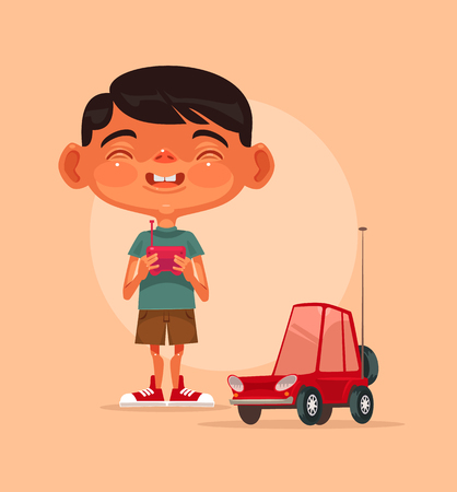 Little happy smiling boy character play with radio controlled car. Vector flat cartoon illustrationのイラスト素材