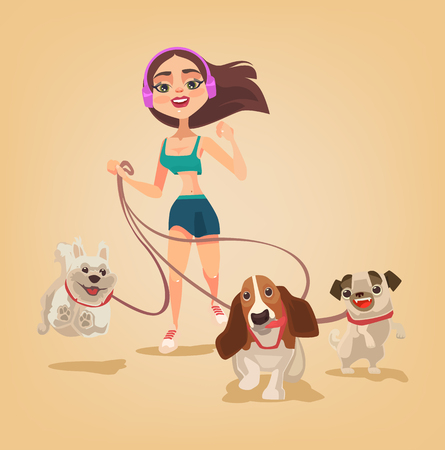 Dog walking service. Woman character run with pets. Vector flat cartoon illustrationのイラスト素材