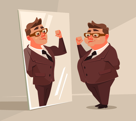 Fat man office worker character pretend to be strong man in mirror. Vector flat cartoon illustrationのイラスト素材