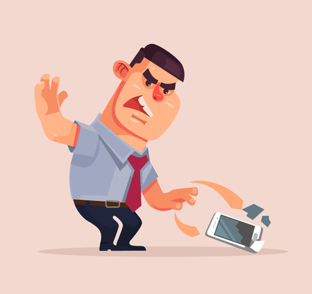 Angry unhappy businessman character throwing mobile phone and smash it. Vector flat cartoon illustrationのイラスト素材