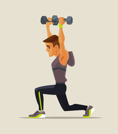 Strong sport man character doing lifting exercises. Vector flat cartoon illustrationのイラスト素材