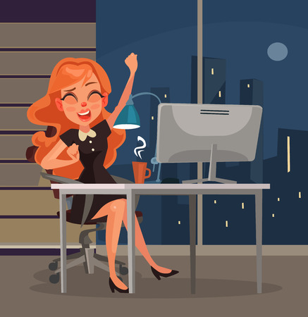 Office worker woman character yawns at workplace. Vector flat cartoon illustrationのイラスト素材