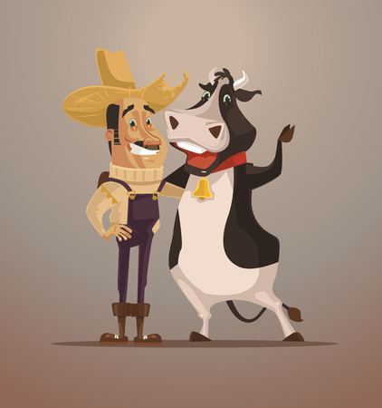 Happy smiling farmer man character hug cow. Best friends. Extreme sport. Vector flat cartoon illustrationのイラスト素材