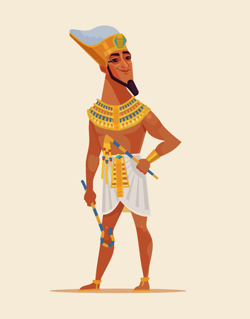 Happy smiling young Egyptian Pharaoh dressed golden clothes. Vector flat cartoon illustrationのイラスト素材