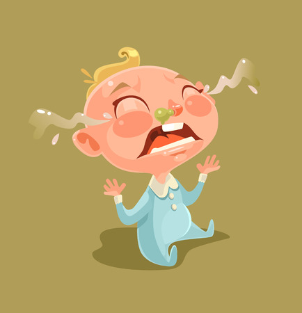 Sad unhappy naughty little child character screaming and crying. Vector flat cartoon illustrationのイラスト素材